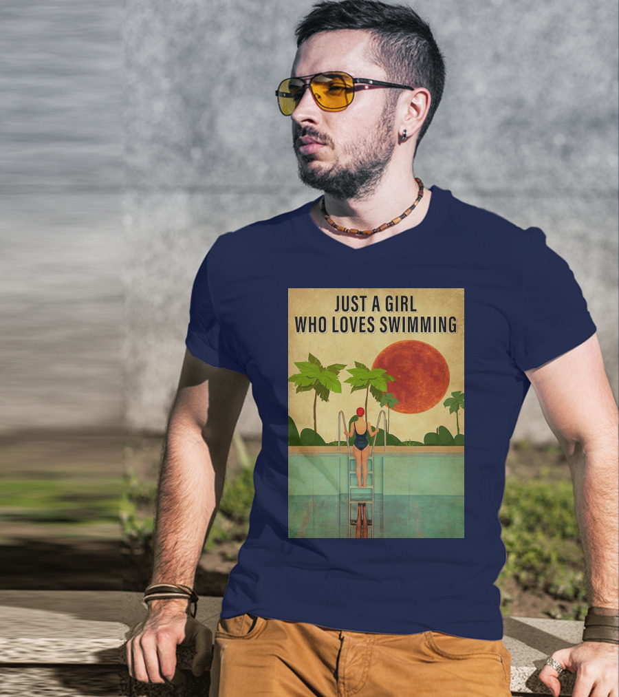 Just A Girl Who Loves Swimming With Palm Trees And Red Sun T-Shirt
