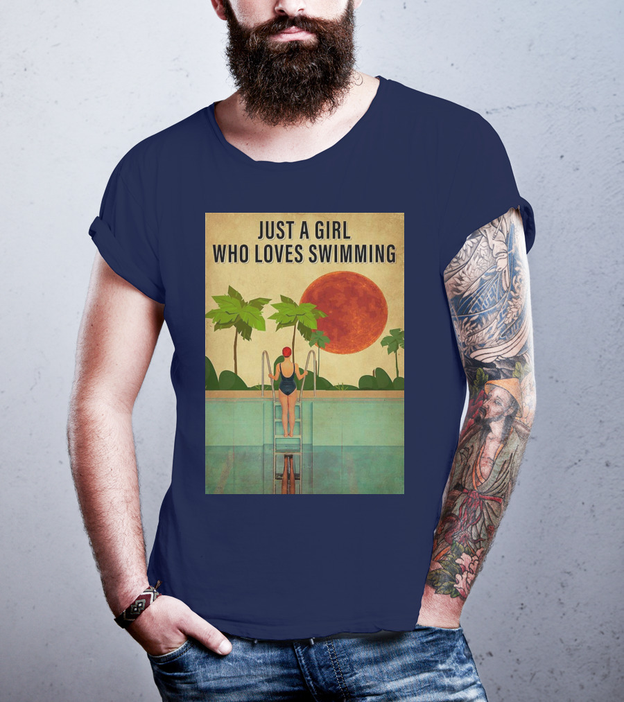 Just A Girl Who Loves Swimming With Palm Trees And Red Sun T-Shirt