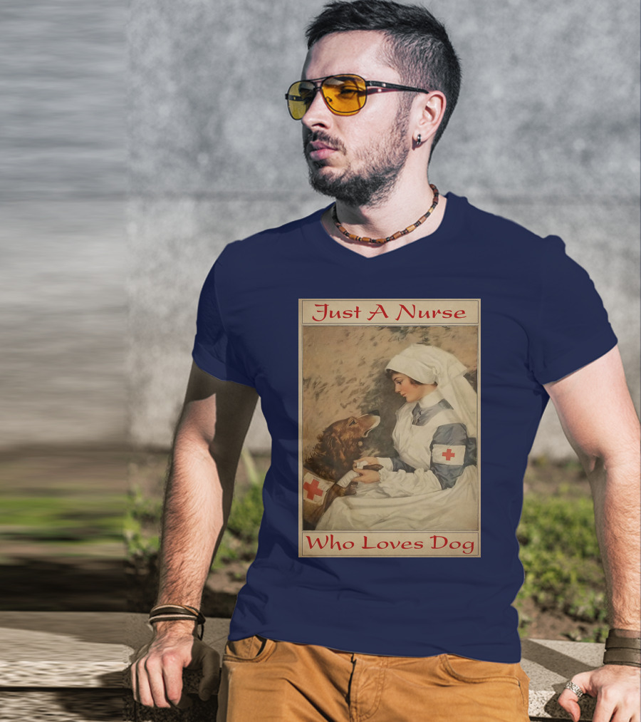 Just A Nurse Who Loves Dog With Red Cross And Caring Gesture T-Shirt