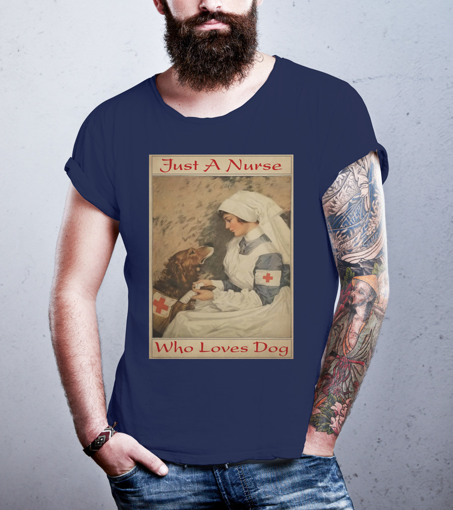 Just A Nurse Who Loves Dog With Red Cross And Caring Gesture T-Shirt