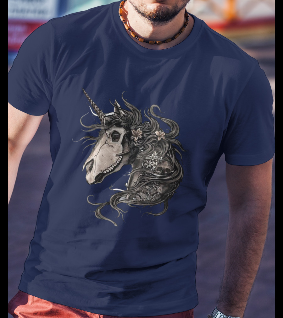 Floral Skull Unicorn Head With Flowers And Dark Mane T-Shirt