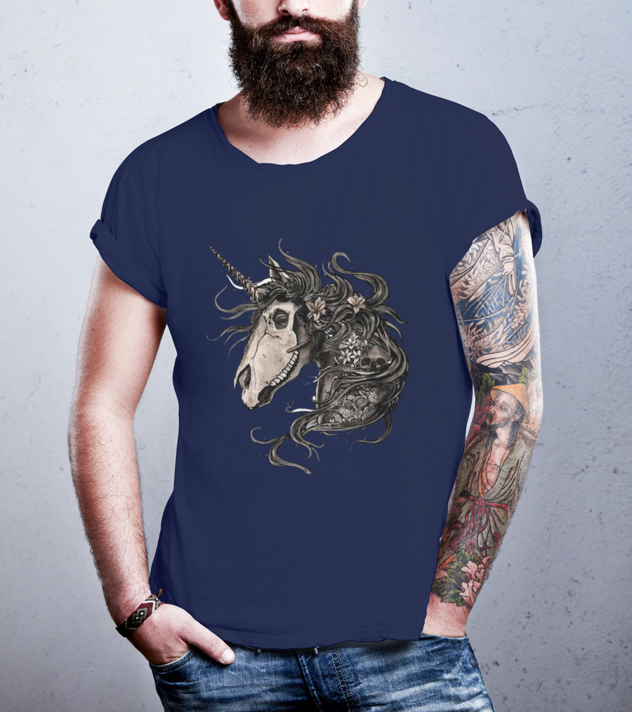 Floral Skull Unicorn Head With Flowers And Dark Mane T-Shirt