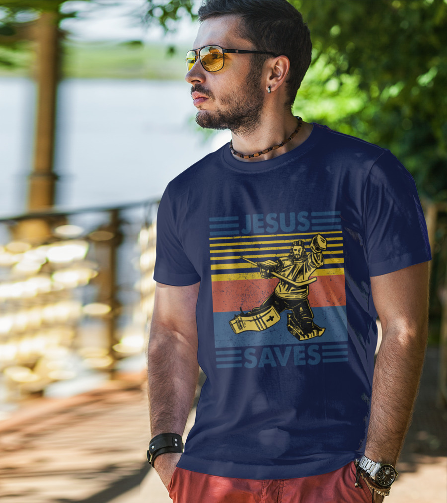 Hockey Jesus Saves Vintage Style Goalie T-Shirt