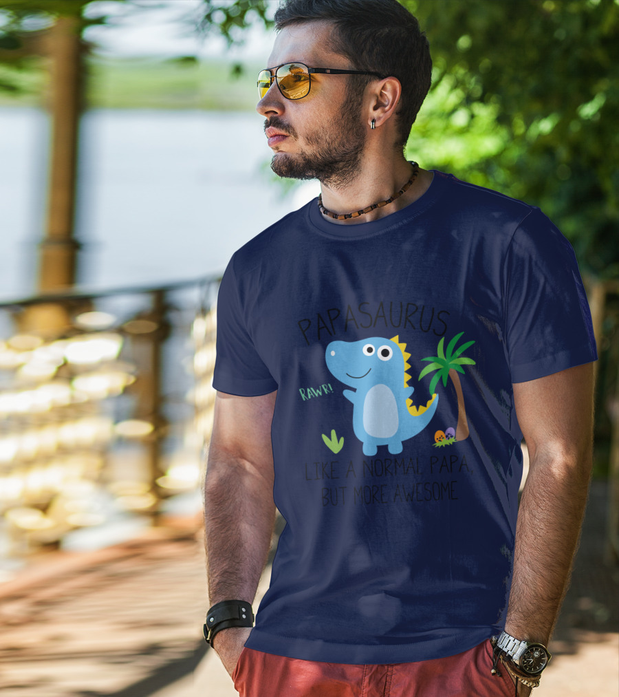 Papasaurus Rawr Like A Normal Papa But More Awesome Dinosaur With Palm Tree And Eggs T-Shirt