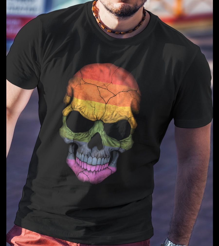 Gay Pride Rainbow Flag Skull Cracked Texture T-Shirt