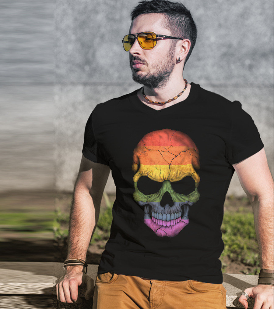 Gay Pride Rainbow Flag Skull Cracked Texture T-Shirt