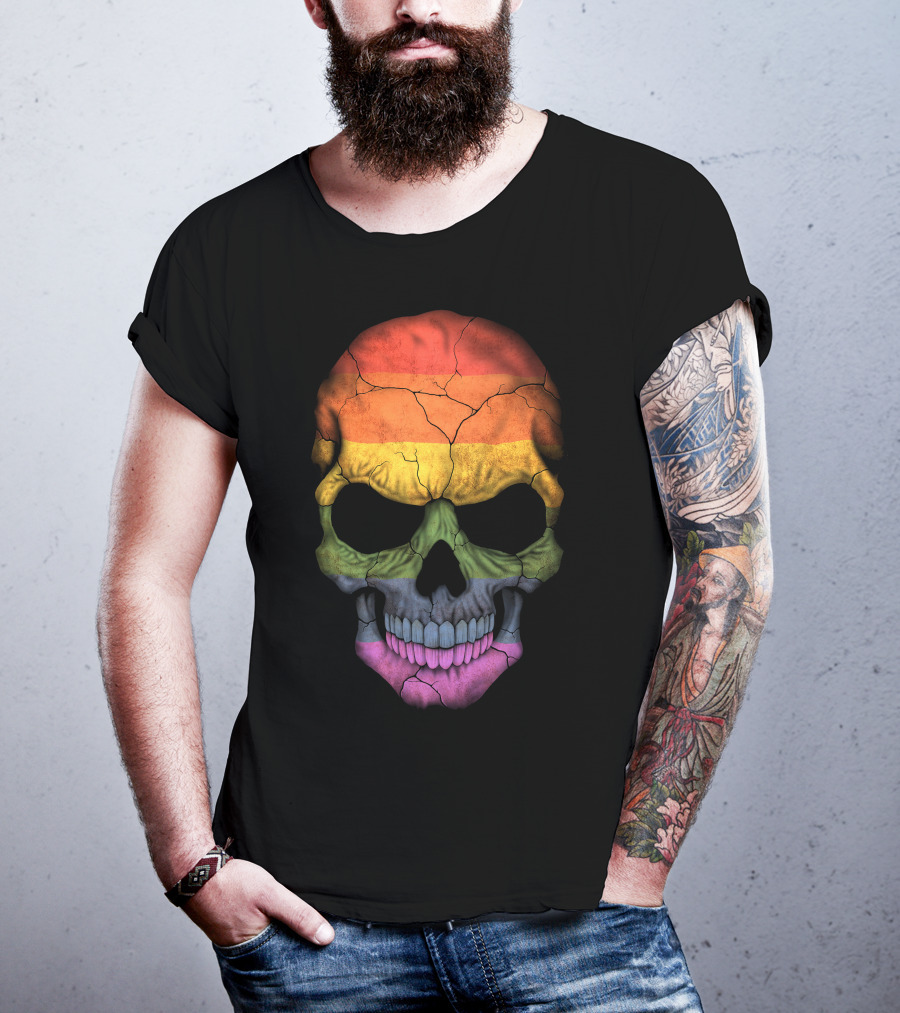 Gay Pride Rainbow Flag Skull Cracked Texture T-Shirt