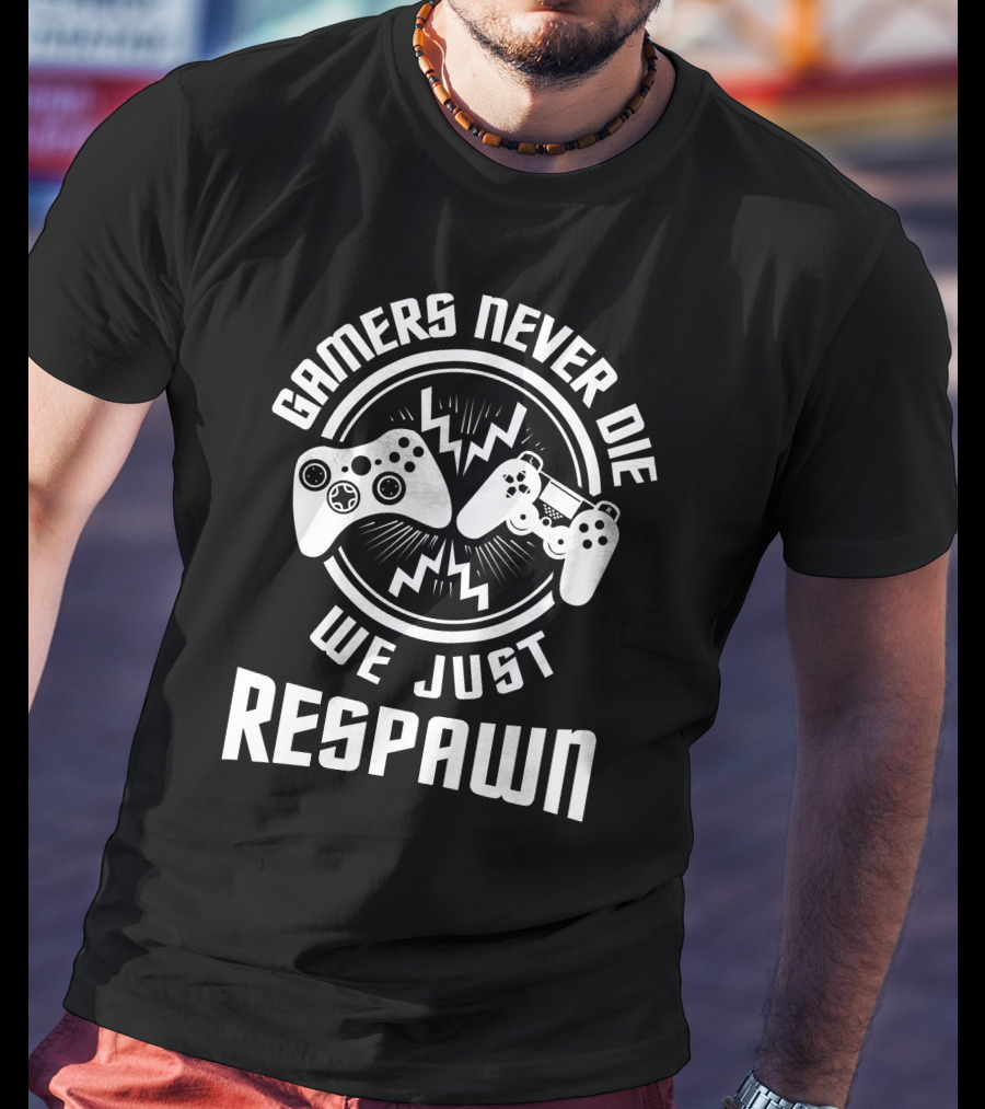 Gamers Never Die We Just Respawn With Dual Game Controllers And Lightning Bolts T-Shirt