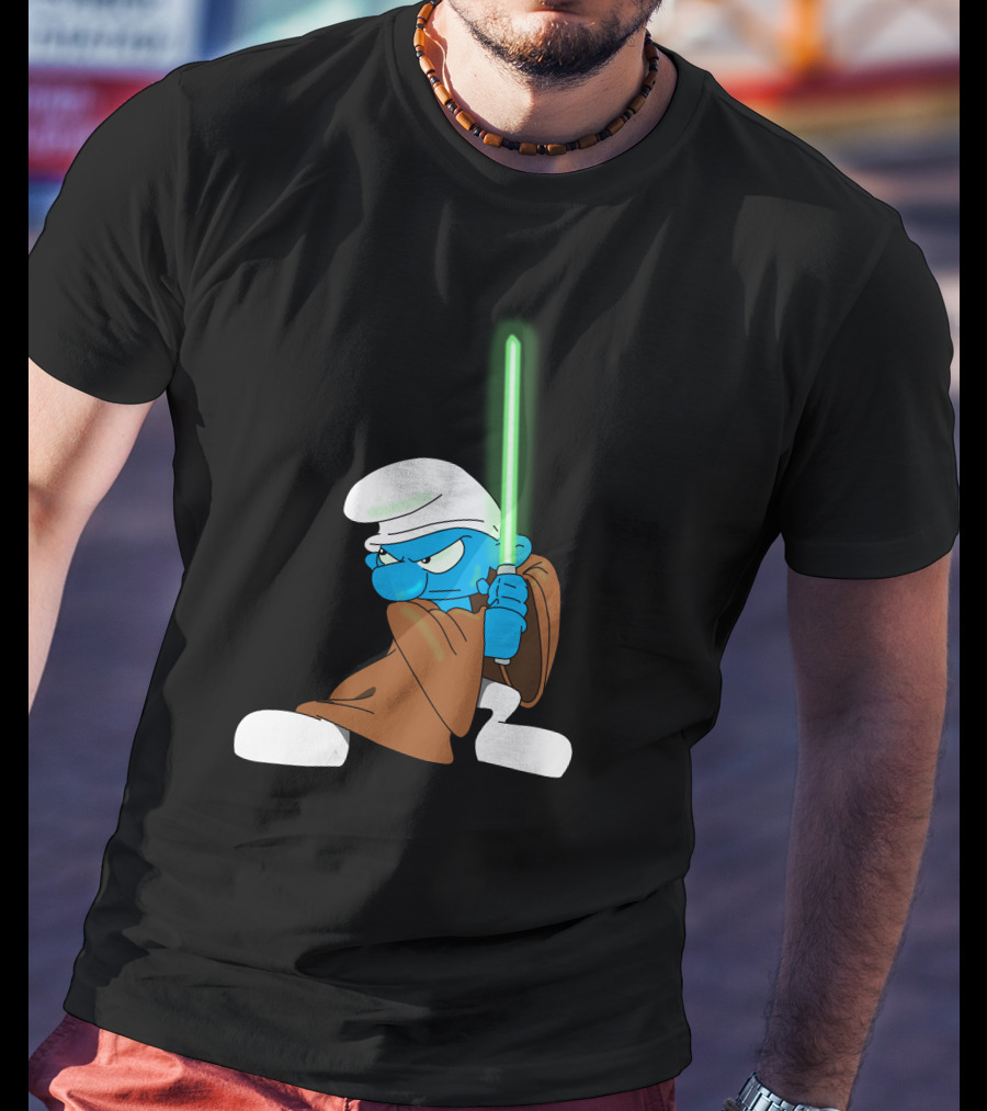 Smurf Jedi With Green Lightsaber In Star Wars-Inspired Crossover T-Shirt