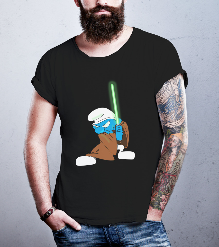 Smurf Jedi With Green Lightsaber In Star Wars-Inspired Crossover T-Shirt