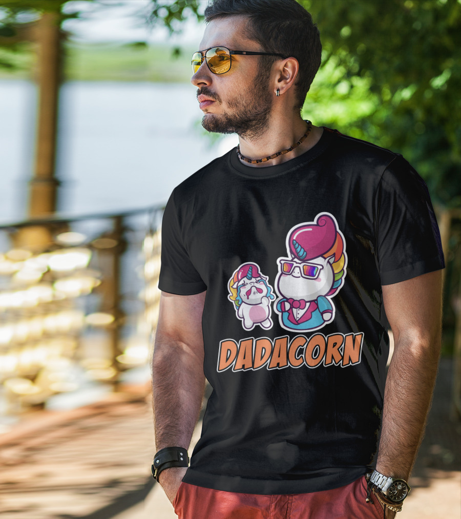 Dadacorn Unicorn Dad And Baby With Rainbow Outfits And Sunglasses T-Shirt