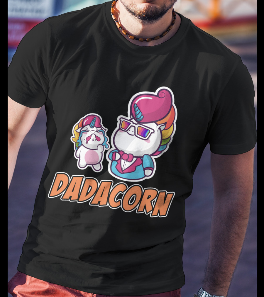Dadacorn Unicorn Dad And Baby With Rainbow Outfits And Sunglasses T-Shirt