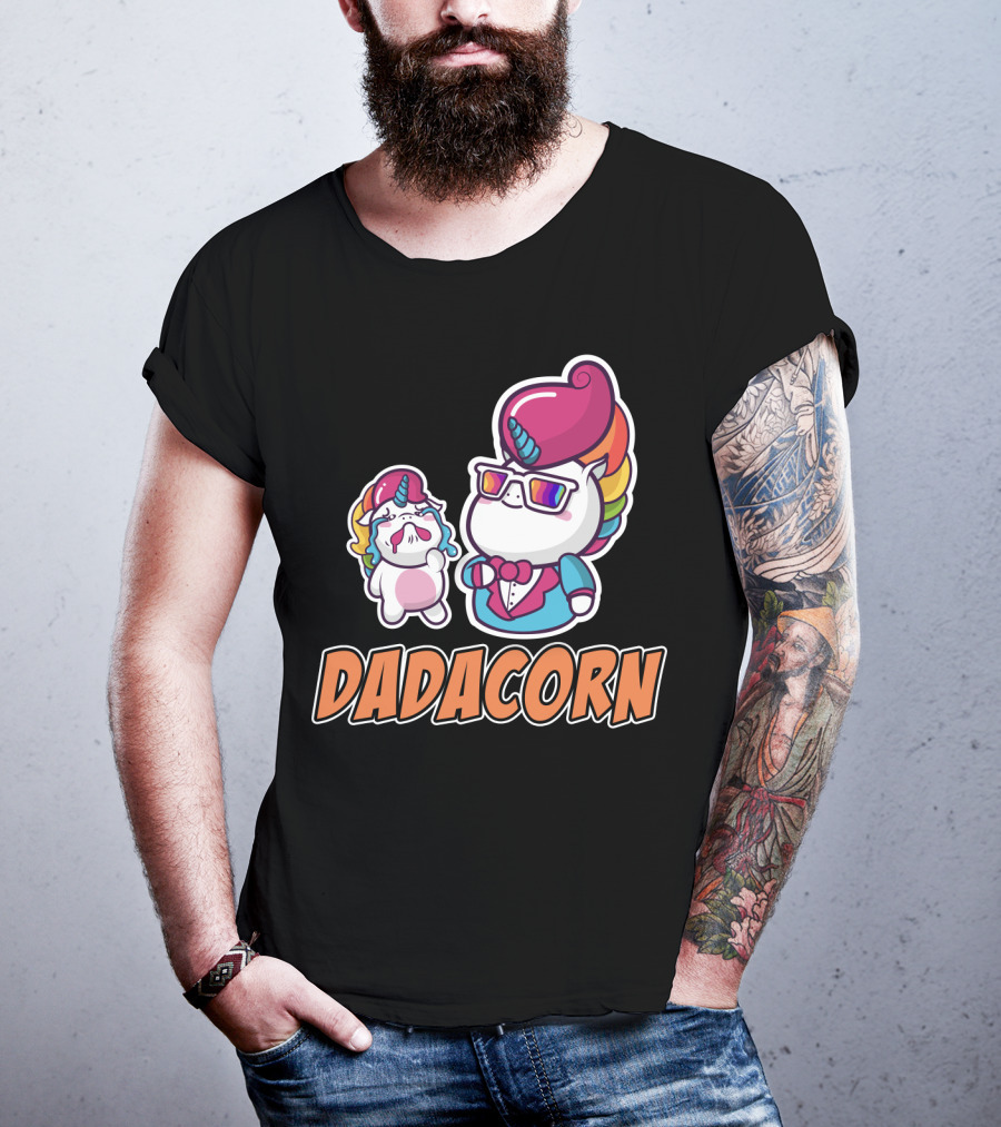 Dadacorn Unicorn Dad And Baby With Rainbow Outfits And Sunglasses T-Shirt