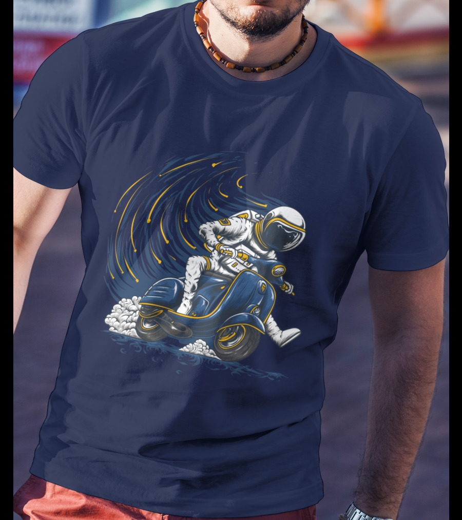 Astronaut In Spacesuit Joyfully Riding Vespa Scooter With Meteor Shower T-Shirt