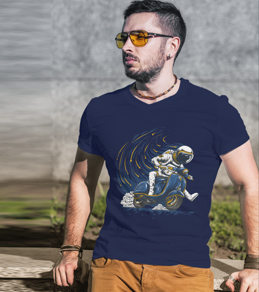 Astronaut In Spacesuit Joyfully Riding Vespa Scooter With Meteor Shower T-Shirt