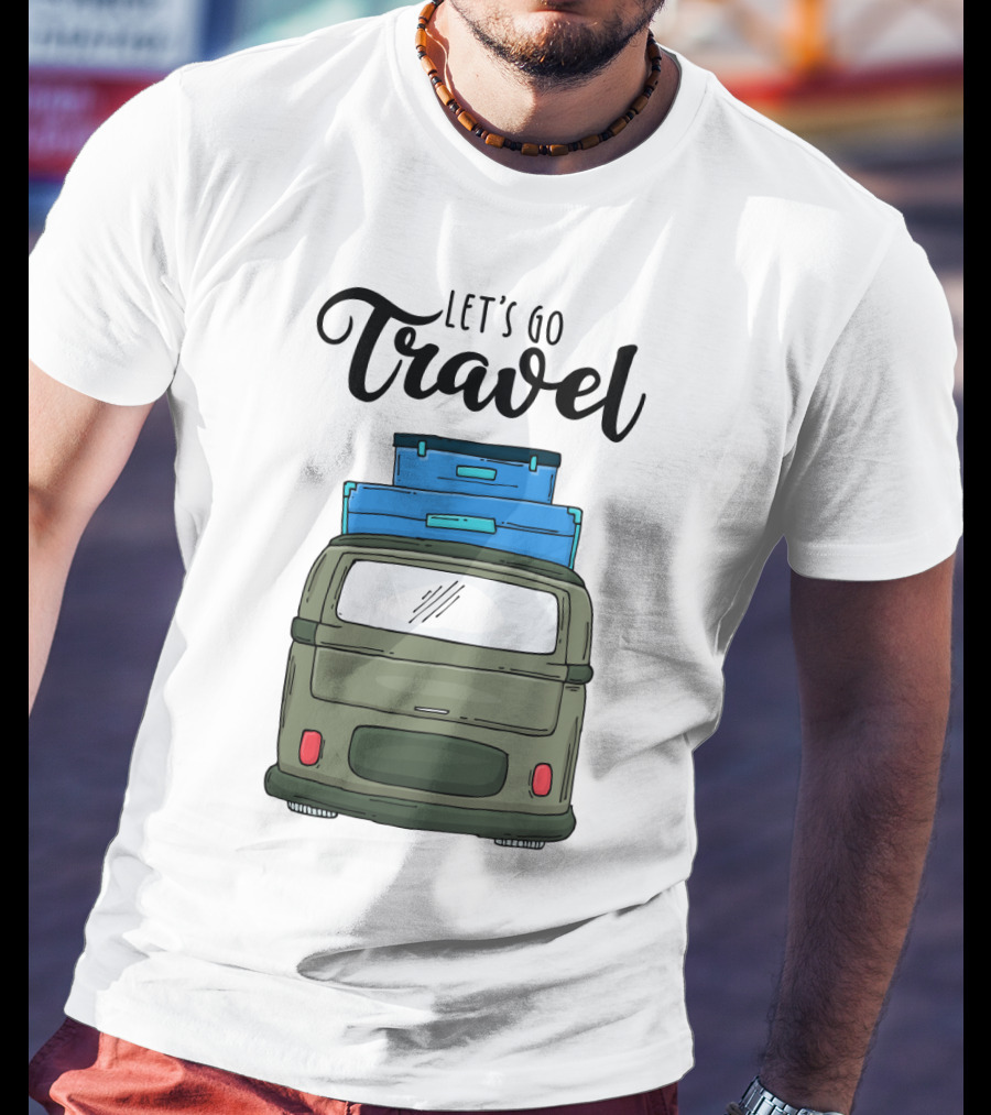 Let's Go Travel With Retro Van And Luggage Stack T-Shirt