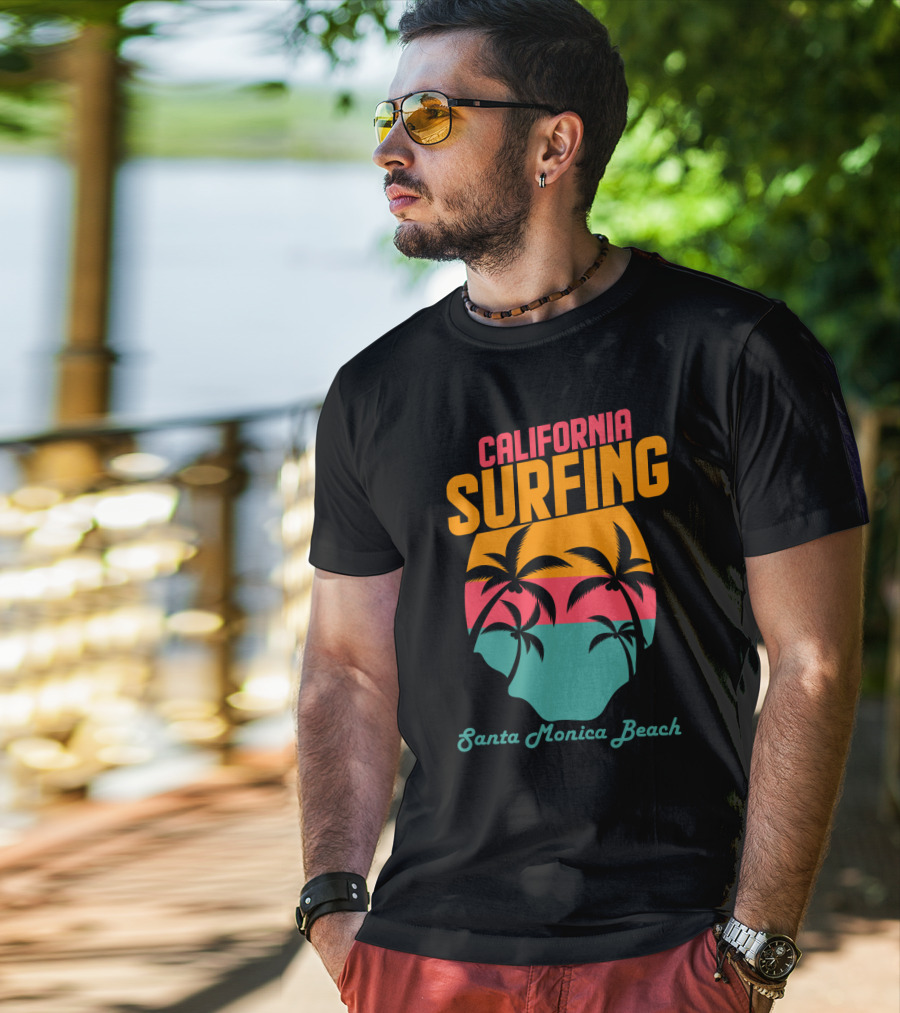 California Surfing Santa Monica Beach Sunset Palm Trees T-Shirt