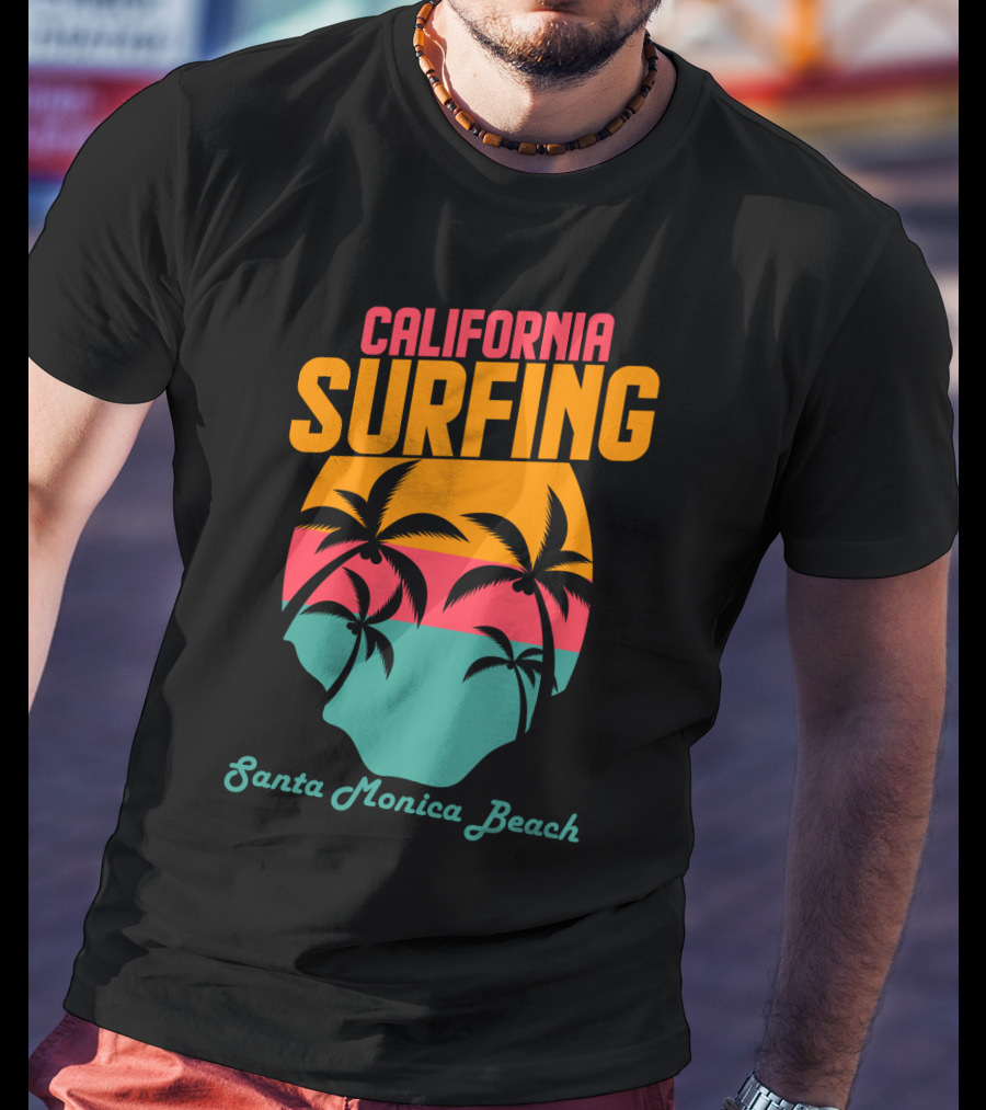 California Surfing Santa Monica Beach Sunset Palm Trees T-Shirt