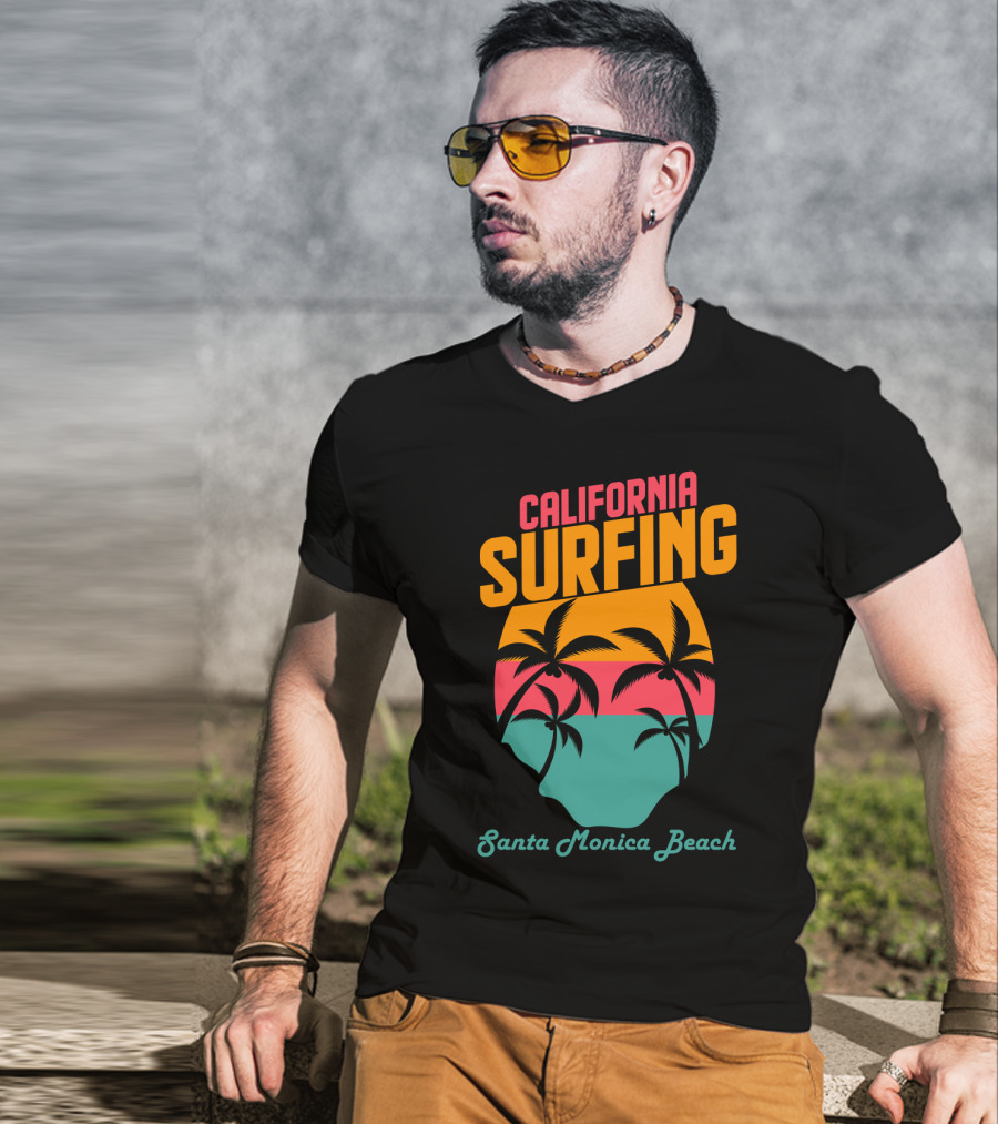 California Surfing Santa Monica Beach Sunset Palm Trees T-Shirt
