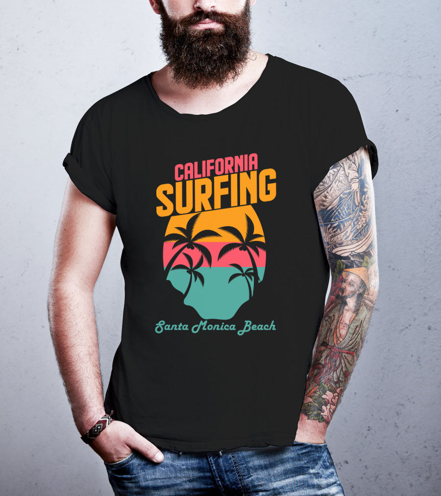 California Surfing Santa Monica Beach Sunset Palm Trees T-Shirt