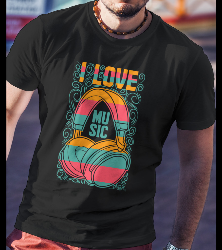 I Love Music Vibrant Headphones Pattern With Swirling Design Elements T-Shirt