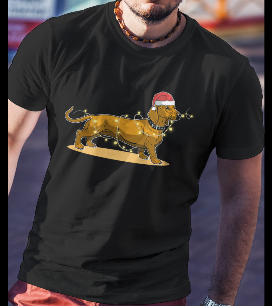 Dachshund Wrapped In Christmas Lights Wearing Santa Hat T-Shirt