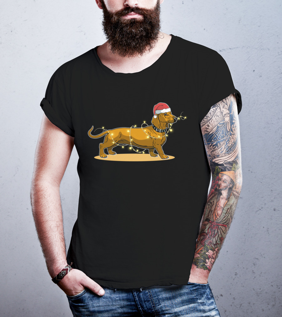 Dachshund Wrapped In Christmas Lights Wearing Santa Hat T-Shirt