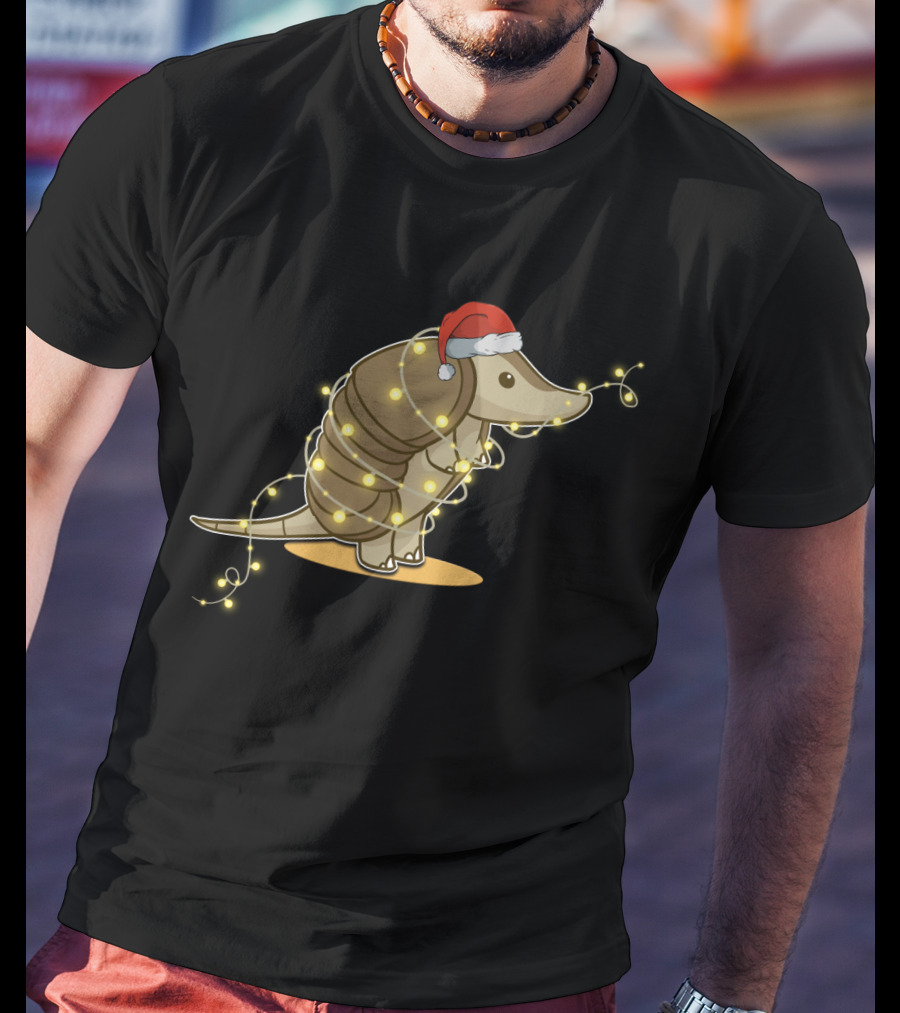 Santa Hat Armadillo Wrapped In Holiday String Lights T-Shirt