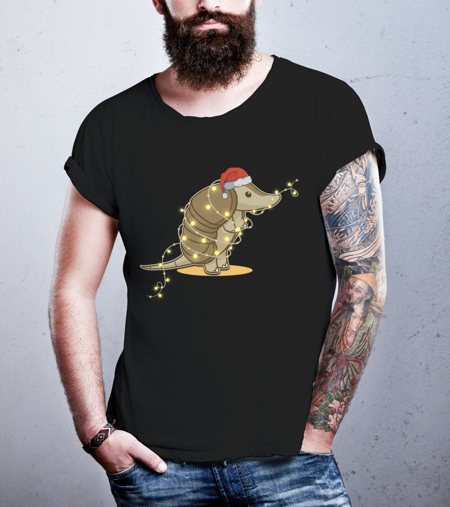 Santa Hat Armadillo Wrapped In Holiday String Lights T-Shirt