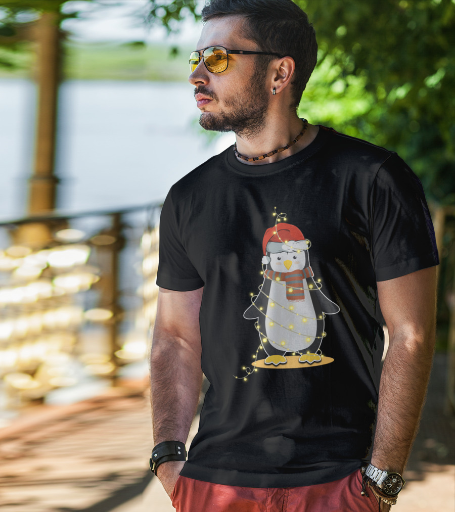 Penguin Wrapped In Christmas Lights With Santa Hat And Scarf T-Shirt