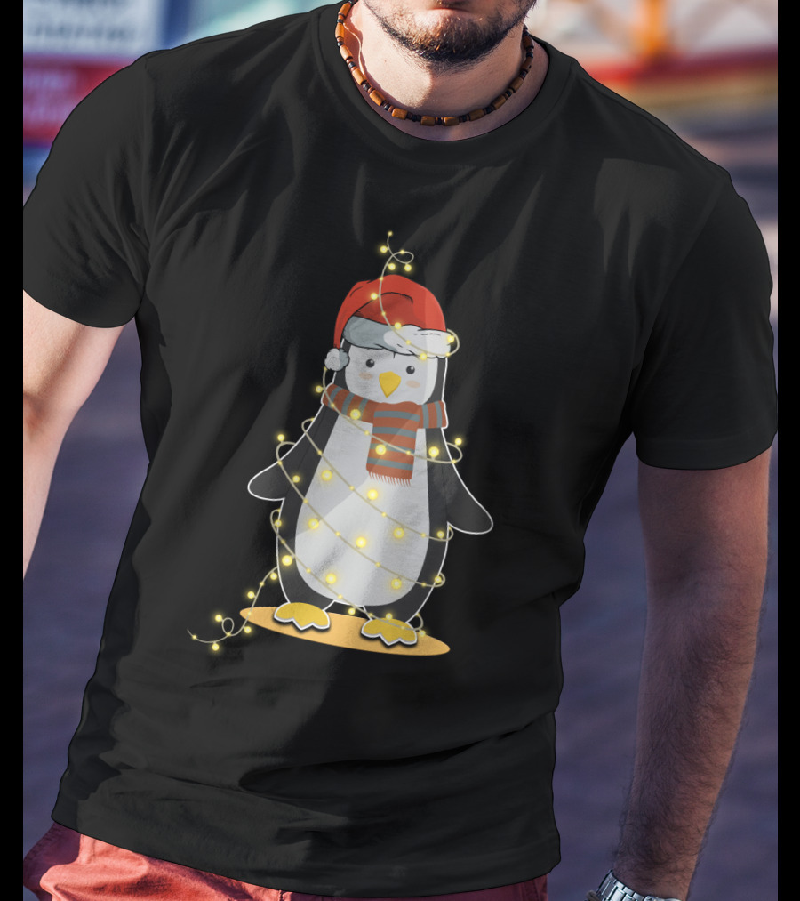 Penguin Wrapped In Christmas Lights With Santa Hat And Scarf T-Shirt