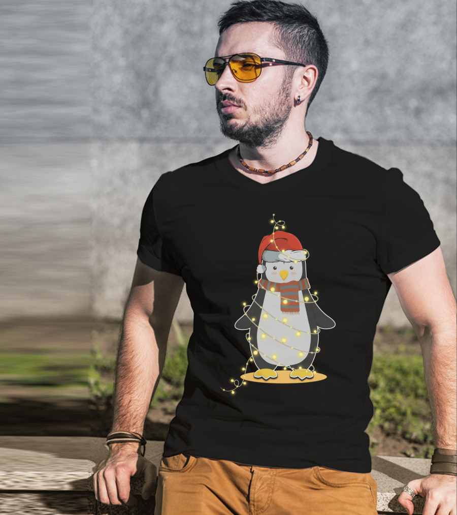 Penguin Wrapped In Christmas Lights With Santa Hat And Scarf T-Shirt