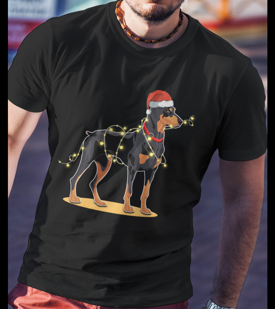 Doberman Wearing Santa Hat With Christmas Lights T-Shirt