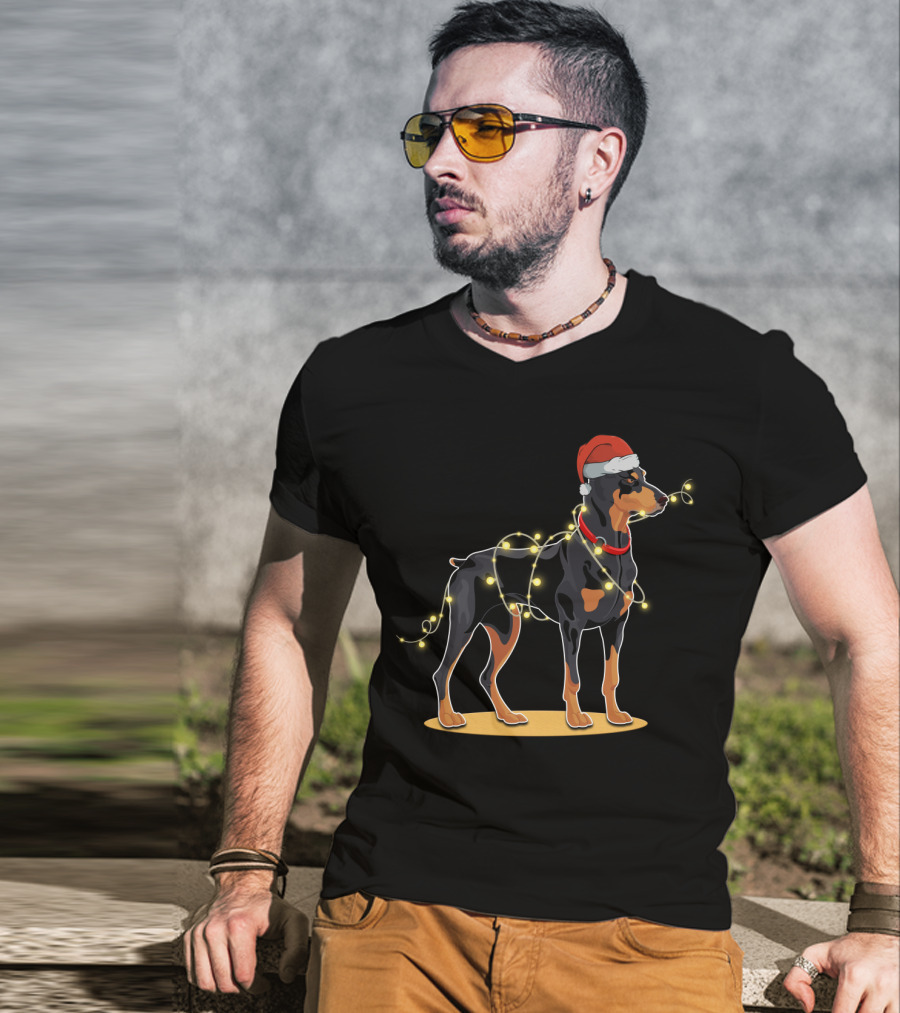 Doberman Wearing Santa Hat With Christmas Lights T-Shirt