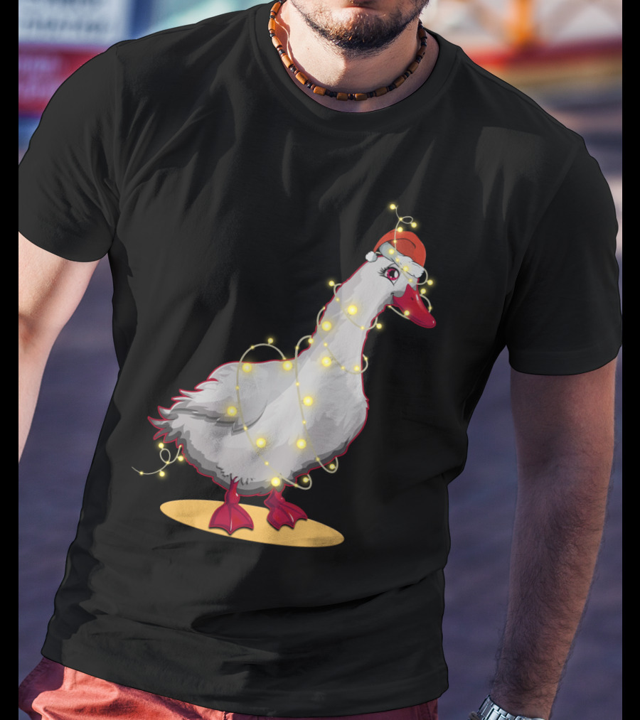 Christmas Lights Duck Wrapped In Festive String With Santa Hat T-Shirt