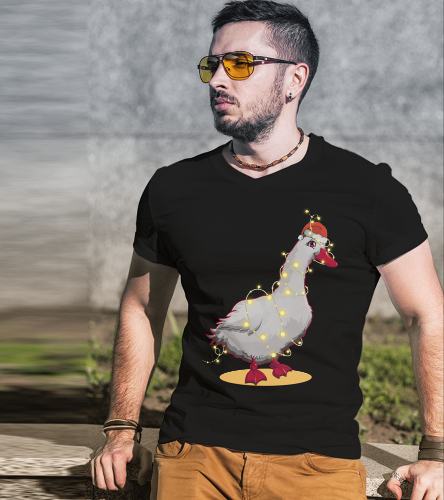 Christmas Lights Duck Wrapped In Festive String With Santa Hat T-Shirt