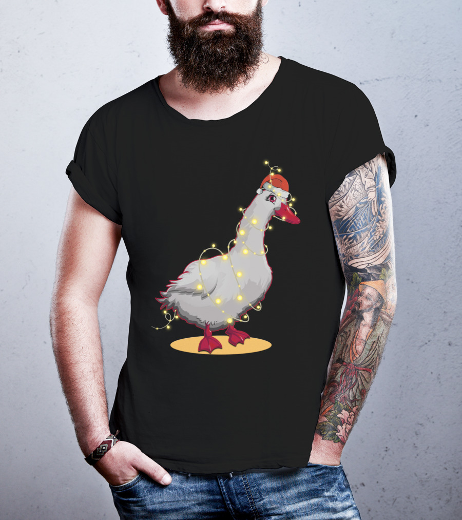 Christmas Lights Duck Wrapped In Festive String With Santa Hat T-Shirt