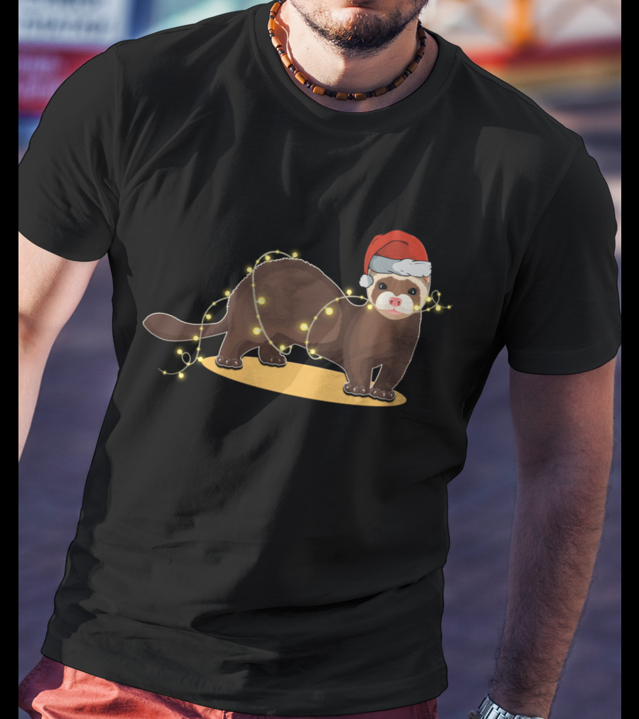 Christmas Lights Wrapped Ferret Wearing Santa Hat T-Shirt