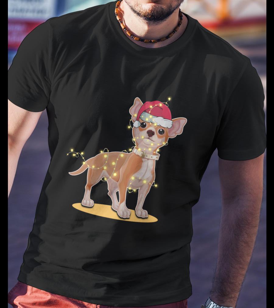 Chihuahua Wrapped In Festive Christmas Lights Wearing Santa Hat T-Shirt