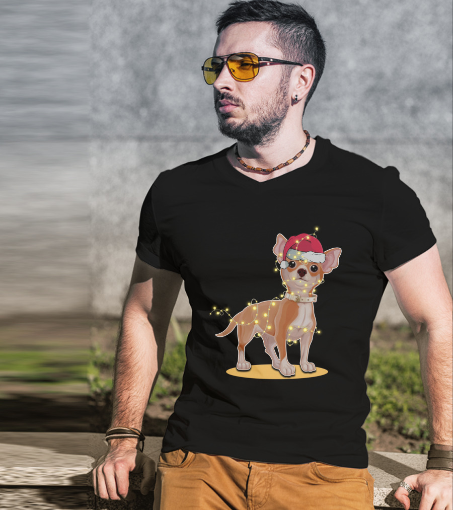 Chihuahua Wrapped In Festive Christmas Lights Wearing Santa Hat T-Shirt