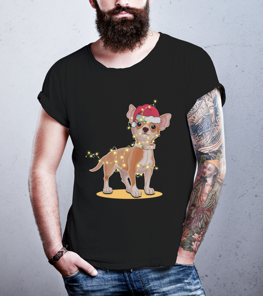Chihuahua Wrapped In Festive Christmas Lights Wearing Santa Hat T-Shirt