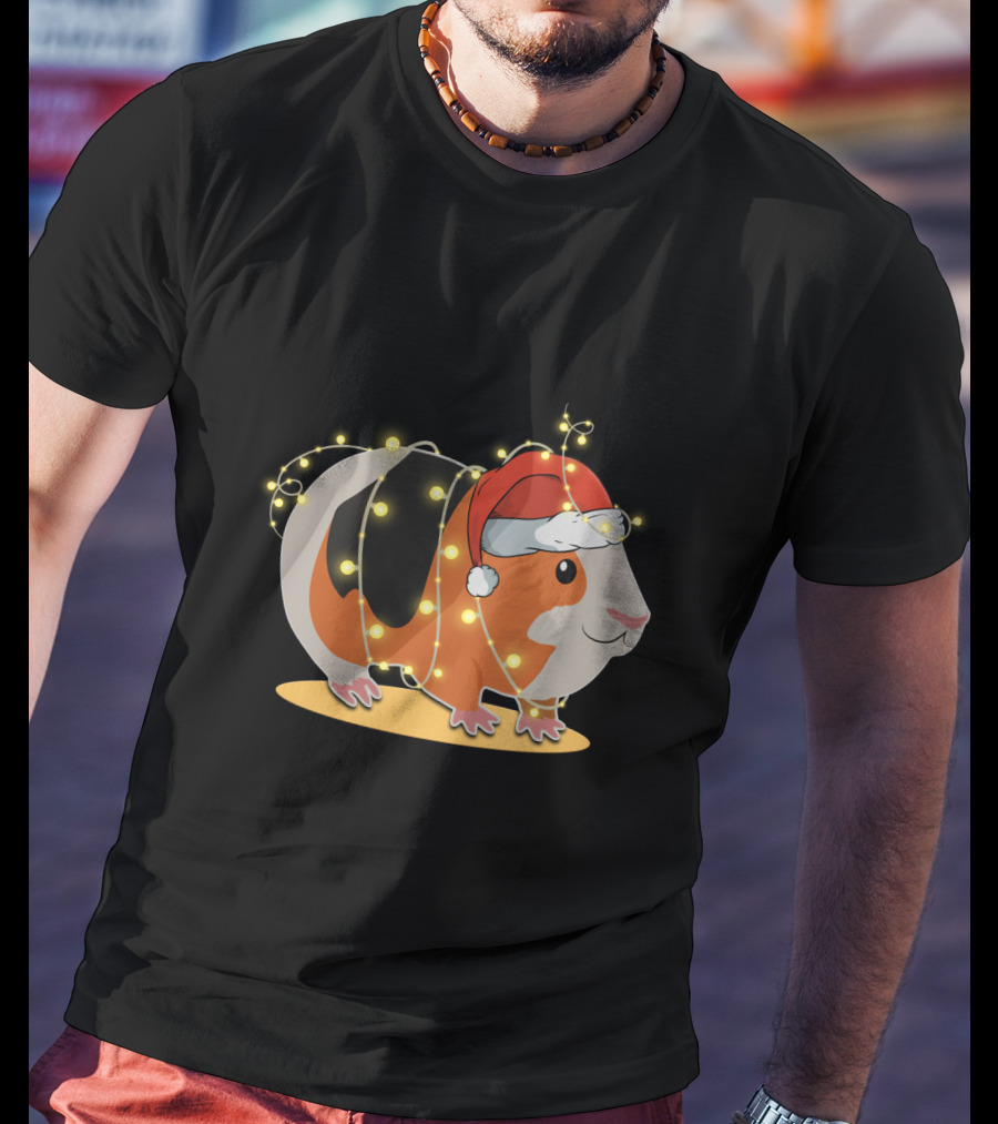 Guinea Pig Wrapped In Festive Christmas Lights And Santa Hat T-Shirt