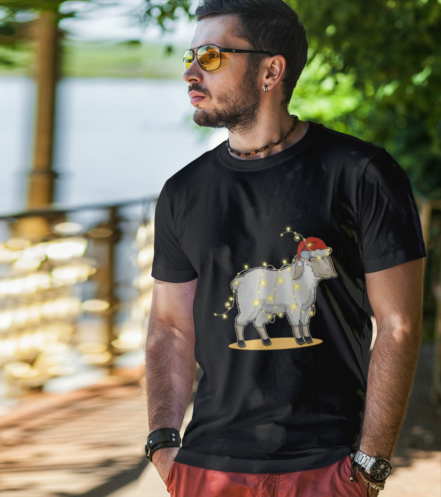 Sheep Wrapped In Christmas Lights With Santa Hat Holiday Decor T-Shirt
