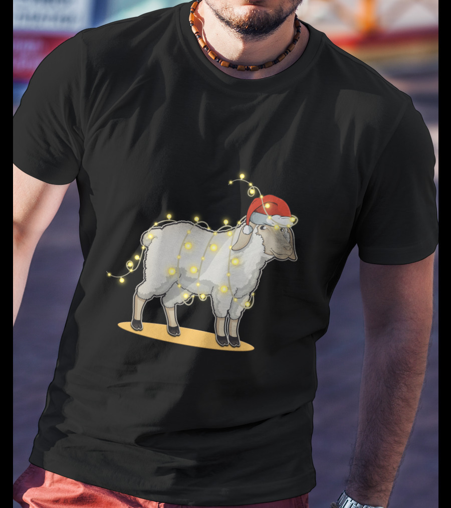 Sheep Wrapped In Christmas Lights With Santa Hat Holiday Decor T-Shirt