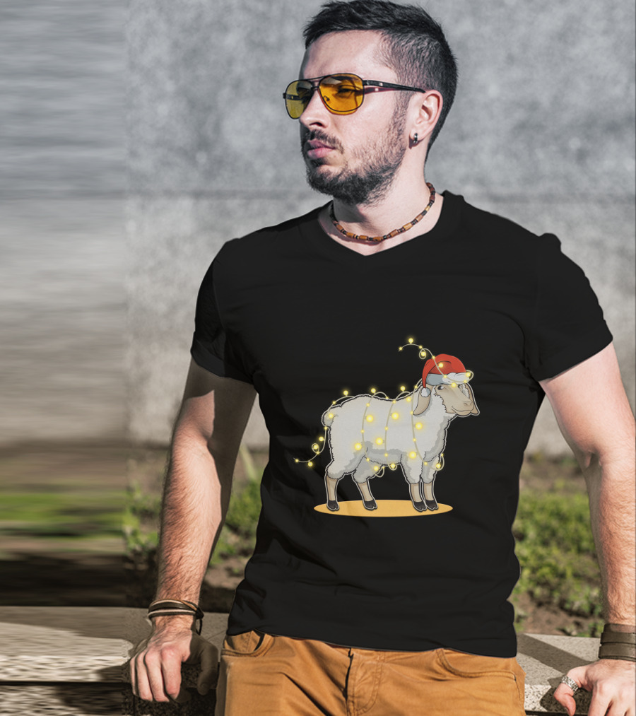 Sheep Wrapped In Christmas Lights With Santa Hat Holiday Decor T-Shirt