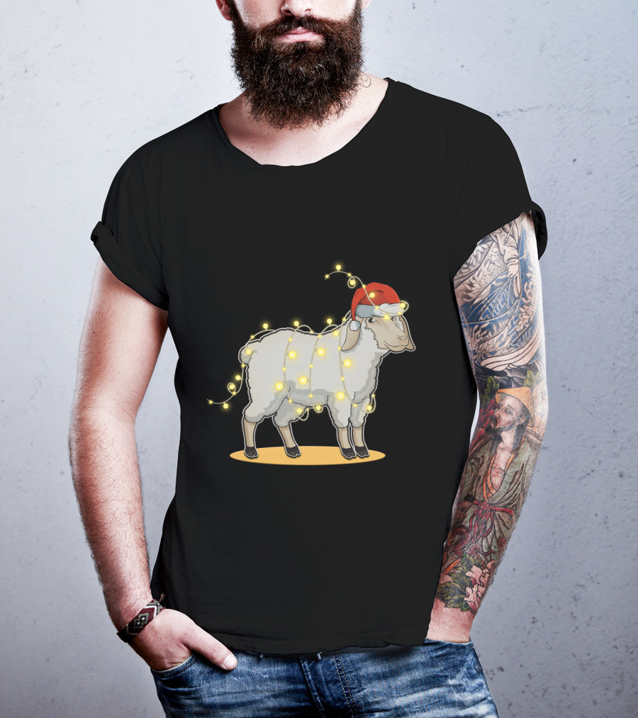 Sheep Wrapped In Christmas Lights With Santa Hat Holiday Decor T-Shirt
