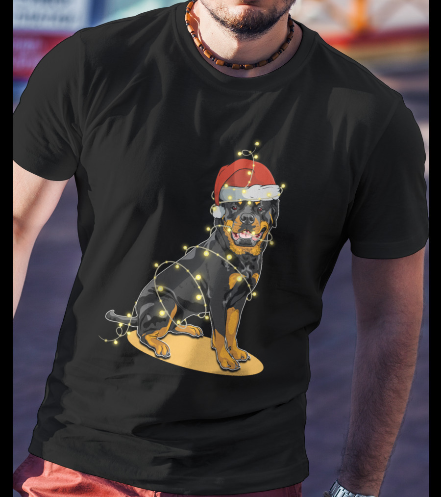 Rottweiler Wrapped In Christmas Lights With Santa Hat T-Shirt