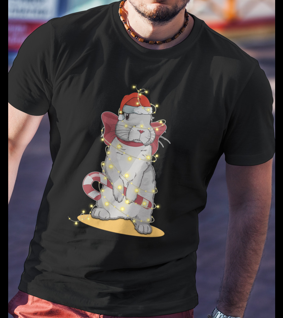 Christmas Lights Rabbit Santa Hat Candy Cane Festive T-Shirt