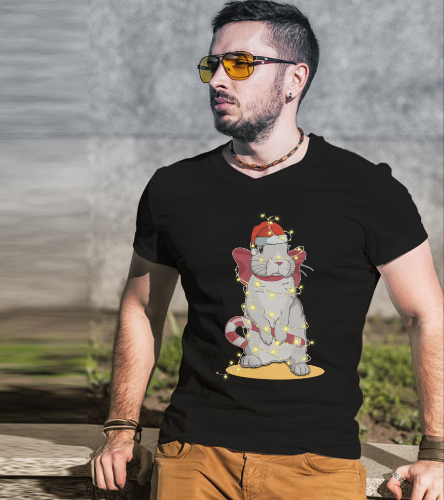 Christmas Lights Rabbit Santa Hat Candy Cane Festive T-Shirt