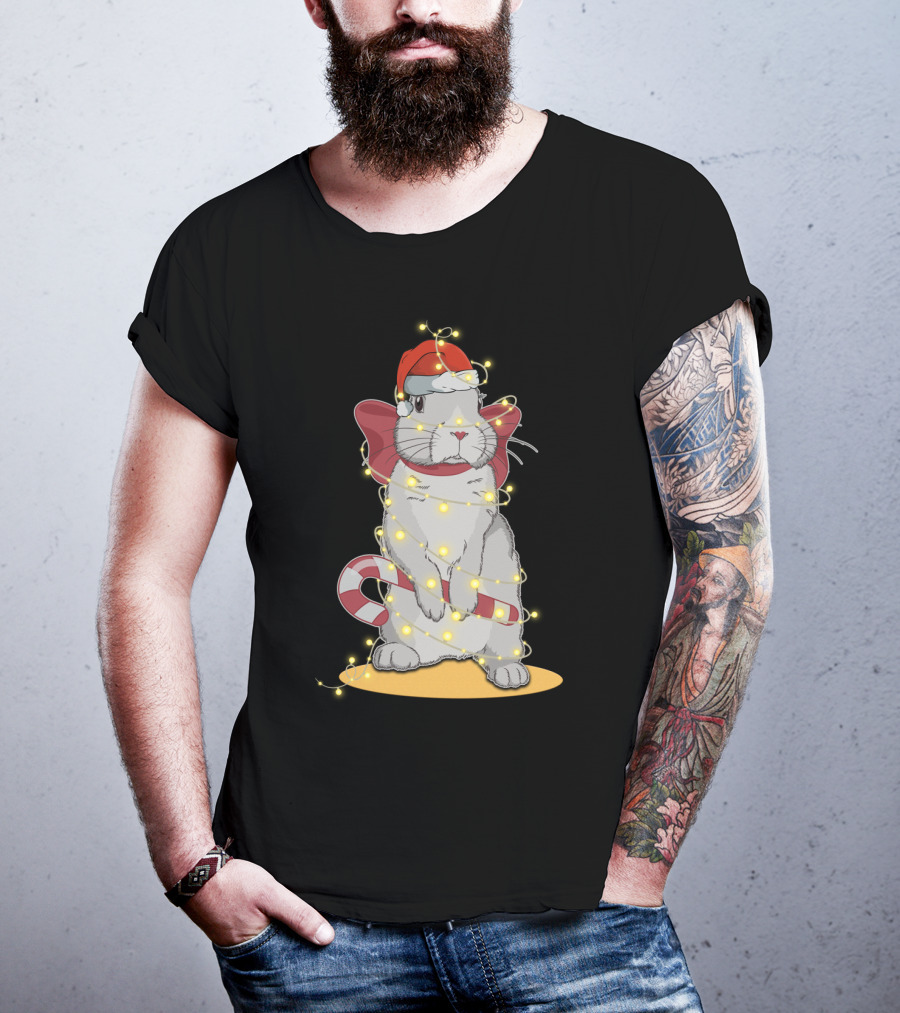 Christmas Lights Rabbit Santa Hat Candy Cane Festive T-Shirt